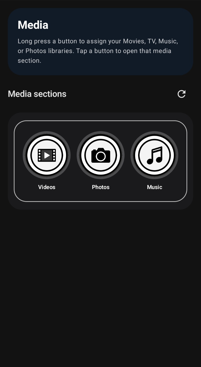Dedicated Media section with quick access buttons for Videos, Photos, and Music