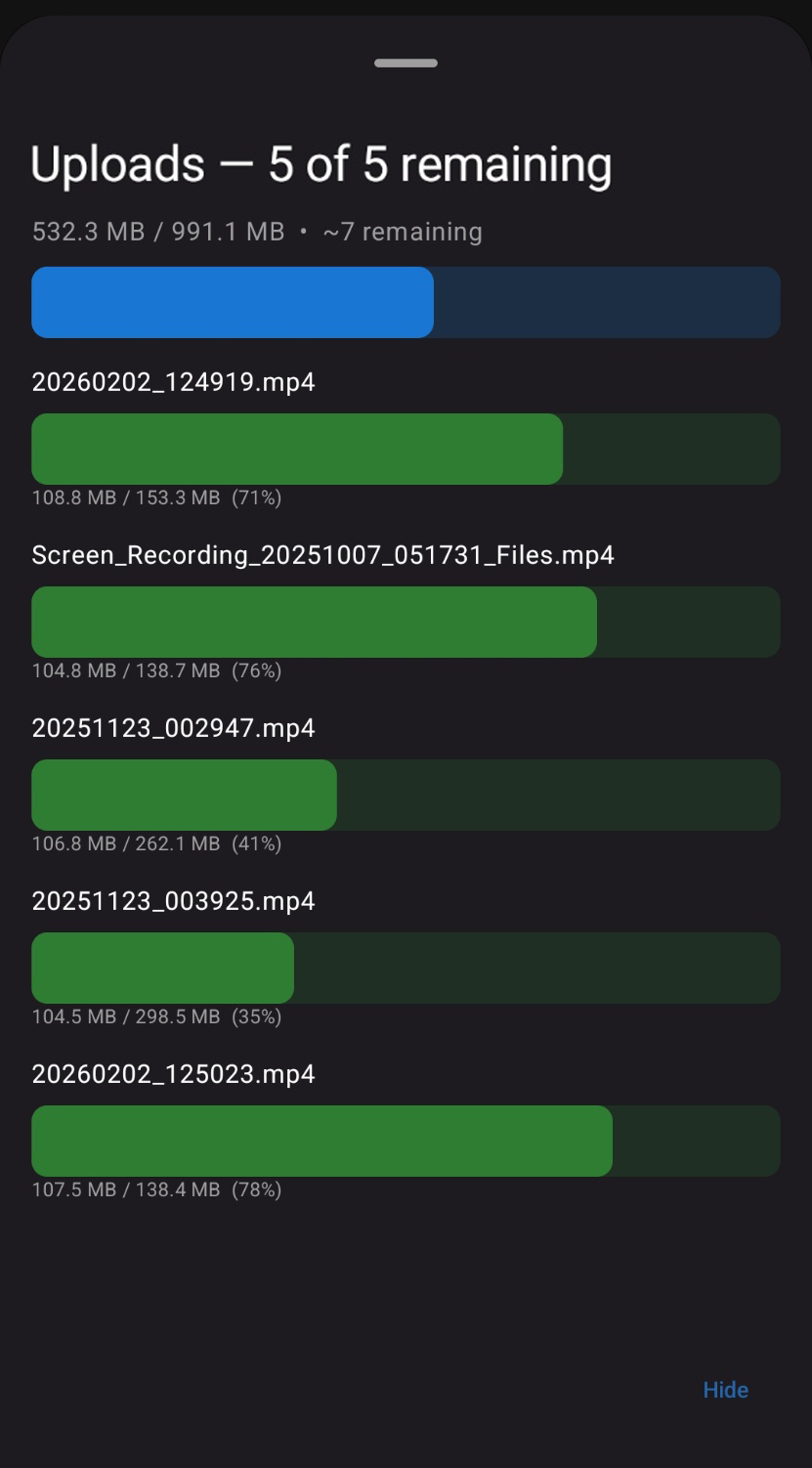 Live upload progress screen