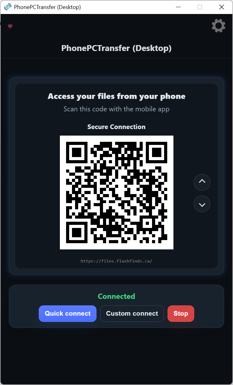 PhonePCTransfer desktop server showing QR connection screen