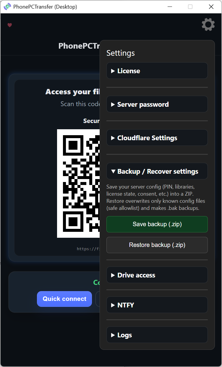 Backup and recover settings on the desktop server