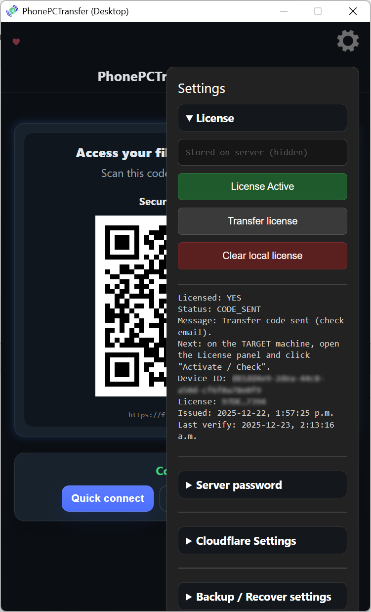 Desktop license panel showing active license and transfer options