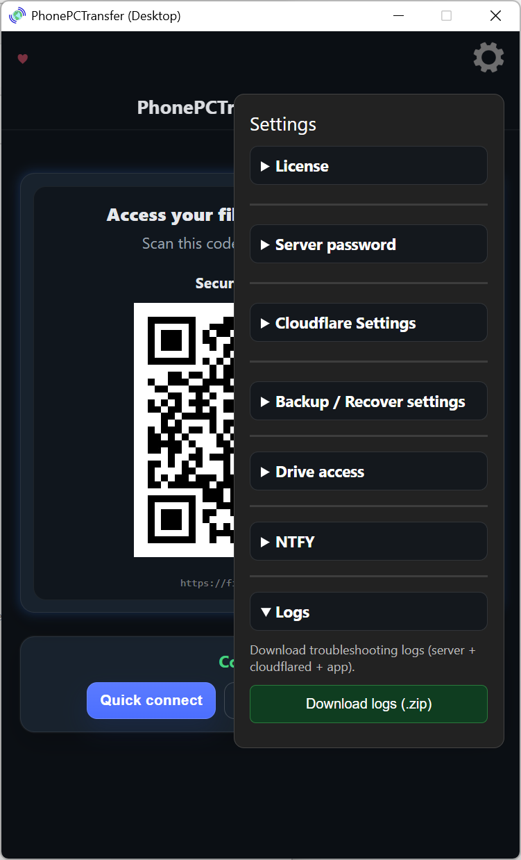 Logs download section on the desktop server