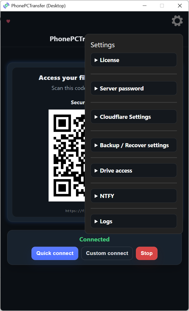 Desktop settings panel showing license, password, Cloudflare, backup, drive access, NTFY, and logs